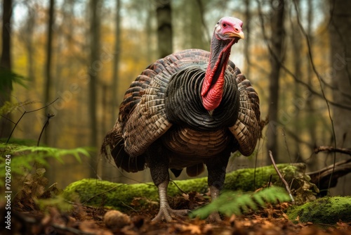 Wild Turkey Meleagris gallopavo in the autumn forest, Portrait of a wild turkey in display on grass with the forest in the background, AI Generated photo