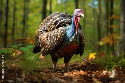 Wild turkey Meleagris gallopavo in autumn forest, Portrait of a wild turkey in display on grass with the forest in the background, AI Generated