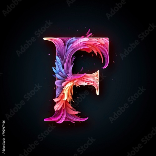 Artistic Fluorescent Letter F with Vibrant Swirls and Abstract Feathers photo