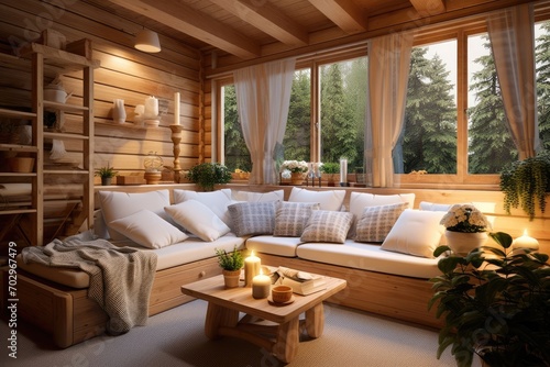 Warm and Cozy Interiors of Eco-Friendly Log Houses with Natural Lighting and Wood Elements © Irina