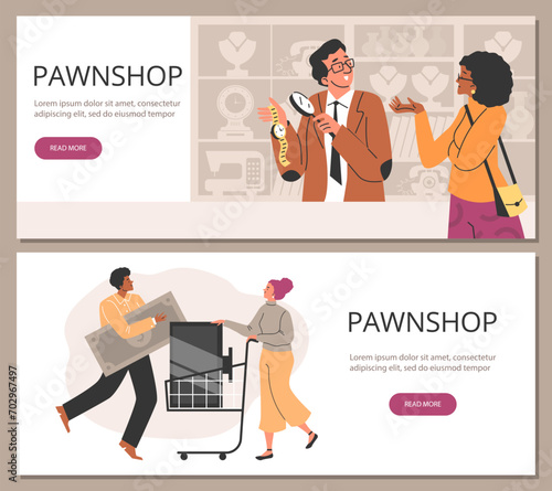 Pawn shop banners with customers purchasing pawned items, flat vector.