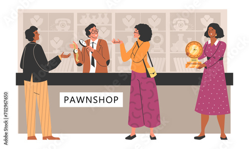 People bring their valuable items to pawnshop vector illustration banner
