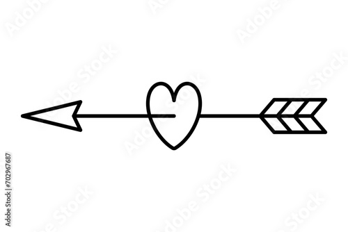 Heart pierced by an arrow icon. Black contour linear silhouette. Editable strokes. Front side view. Vector simple flat graphic illustration. Isolated object on a white background. Isolate.