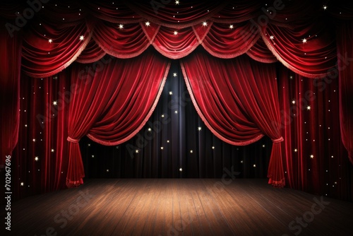 Red velvet curtain and stage with spotlights. 3d render illustration, Magic theater stage red curtains Show Spotlight, AI Generated