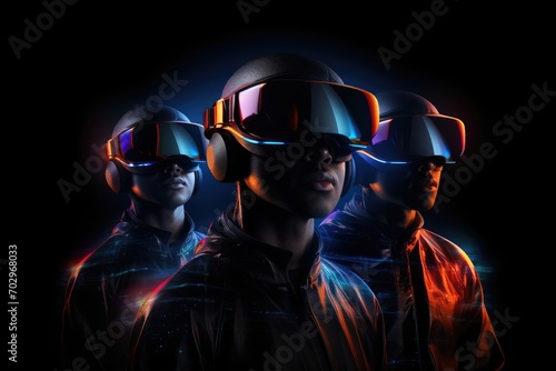 Group of people with virtual reality goggles on dark background. Mixed media, Modern individuals wearing VR headsets and standing, with a hologram effect covering their full face, AI Generated © Ifti Digital
