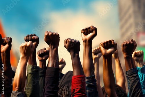 Group of young people raised their hands in the air at sunset, Group of multi ethnic people raising their fists up in the air, AI Generated © Ifti Digital