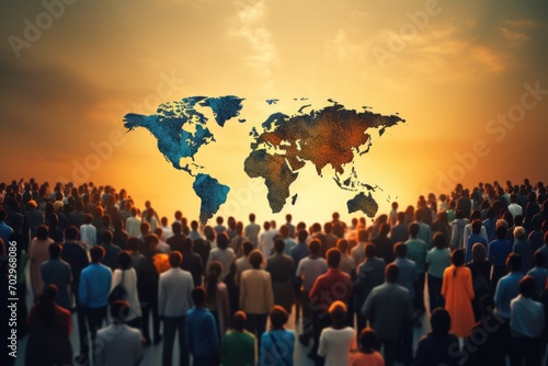 Global Business World Map Globalization World Map Concept. Crowd of people, Multicultural people forming a world map in a crowd, AI Generated photo