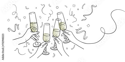 Continuous line yellow champagne cheers one line art, continuous drawing contour on white background. 4 Wine glasses with drinks. Cheers toast festive decoration for holidays. Vector illustration