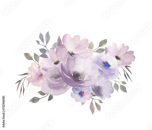 Watercolor card with flowers. Vintage floral print on white background. Hand drawn illustration