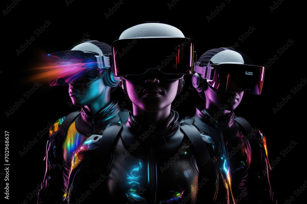 3D rendering of a group of futuristic people in virtual reality glasses, People wearing VR headsets and standing, with a hologram effect covering their full face against a black, AI Generated 3D rendering of a group of futuristic people in virtual reality glasses, People wearing VR headsets and standing, with a hologram effect covering their full face against a black, AI Generated