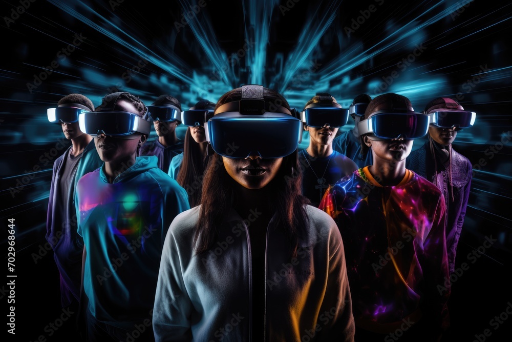 Group of people with virtual reality glasses on a black background. 3d rendering, People wearing VR headsets and standing, with a hologram effect covering their full face, AI Generated Group of people with virtual reality glasses on a black background. 3d rendering, People wearing VR headsets and standing, with a hologram effect covering their full face, AI Generated