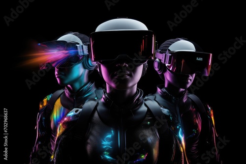 3D rendering of a group of futuristic people in virtual reality glasses, People wearing VR headsets and standing, with a hologram effect covering their full face against a black, AI Generated