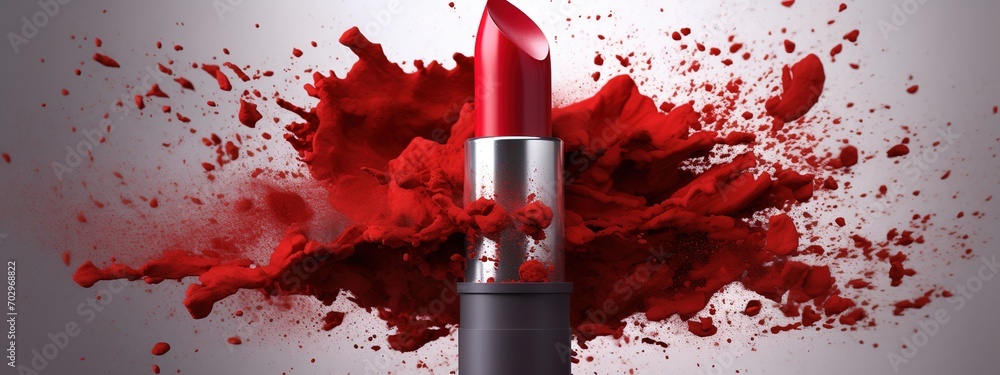 Lipstick splash, red lipstick blast. Abstract background Explosion of Red Dust - obrazy, fototapety, plakaty 
