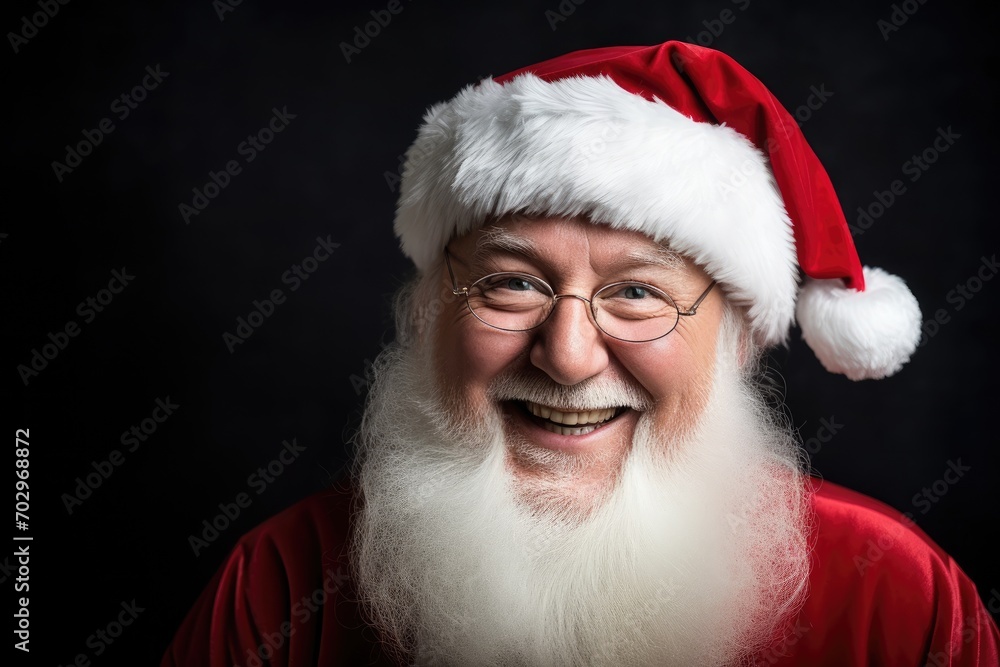 Portrait of happy Santa Claus in red costume on dark background, portrait of smiling senior man in Santa Claus hat with long white beard looking at camera against dark background, AI Generated Portrait of happy Santa Claus in red costume on dark background, portrait of smiling senior man in Santa Claus hat with long white beard looking at camera against dark background, AI Generated