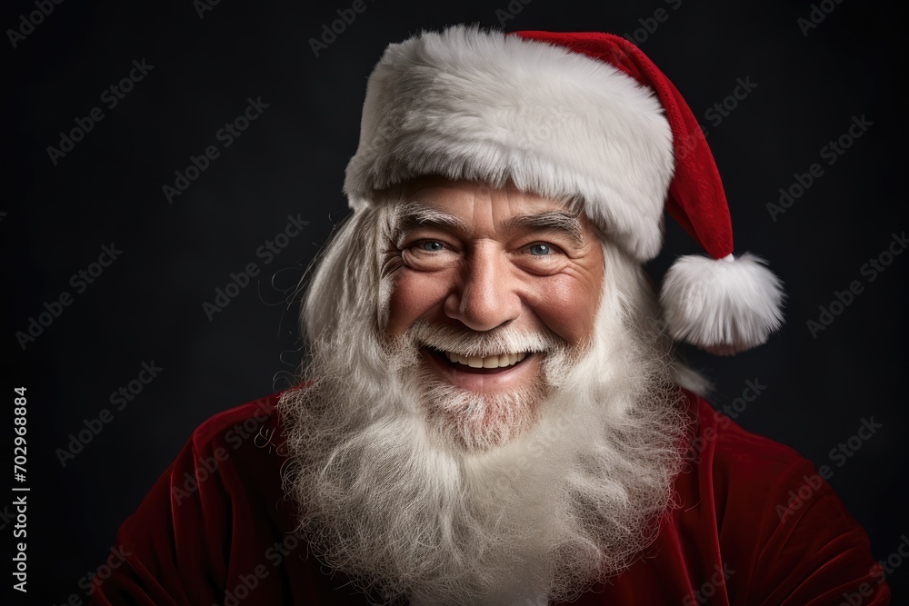 Naklejka premium Portrait of smiling santa claus looking at camera on dark background, portrait of smiling senior man in Santa Claus hat with long white beard looking at camera against dark background, AI Generated