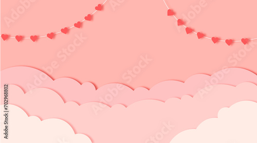 Garland of hearts and clouds on a pink background. Valentine's Day. Flat, illustration, space for text, banner
