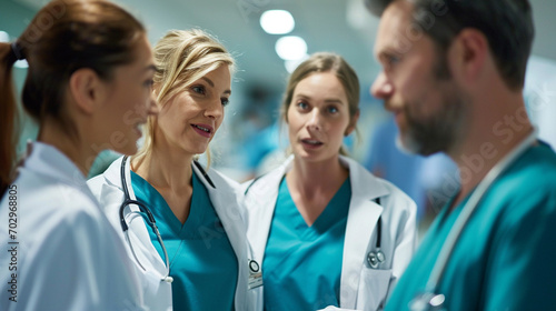 A group of doctors and nurses discussing in a hospital, Teamwork, blurred background, with copy space