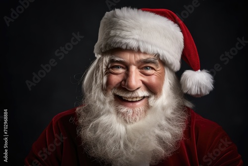 Portrait of smiling santa claus looking at camera on dark background, portrait of smiling senior man in Santa Claus hat with long white beard looking at camera against dark background, AI Generated