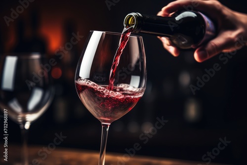 Pouring red wine into glass on wooden table against dark background, Pouring red wine into a wine glass by hand, close-up, AI Generated