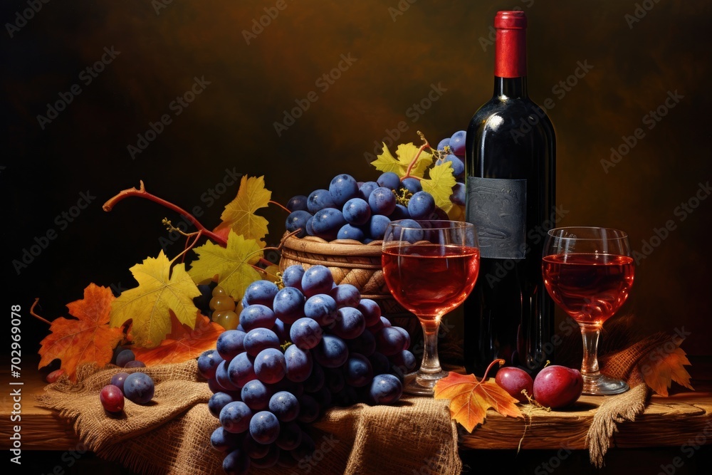 Still life with red wine, grapes, nuts and autumn leaves, Juicy indulgence, A tantalizing arrangement of juicy blue grapes and bottles of red wine on a brown background, AI Generated