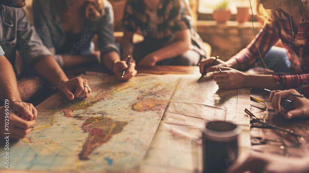 A group of friends planning a trip together with a map, Teamwork, blurred background, with copy space