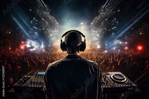 DJ playing music in nightclub at night with lights and smoke on background, Rear view of a DJ with headphones at a nightclub party, AI Generated