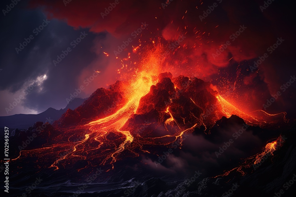 D render of volcano eruption at sunset, Lava spurting out of the crater and a reddish-illuminated smoke cloud, lava flows, an erupting volcano, AI Generated