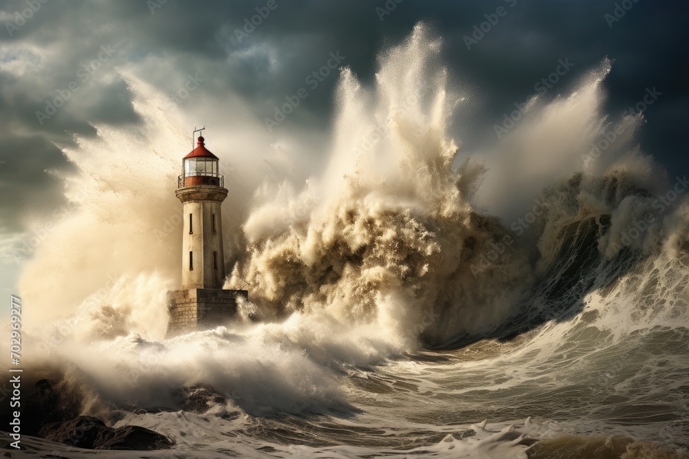 Stormy sea with big waves and lighthouse. 3D illustration, Lighthouse hit by a massive wave, AI Generated