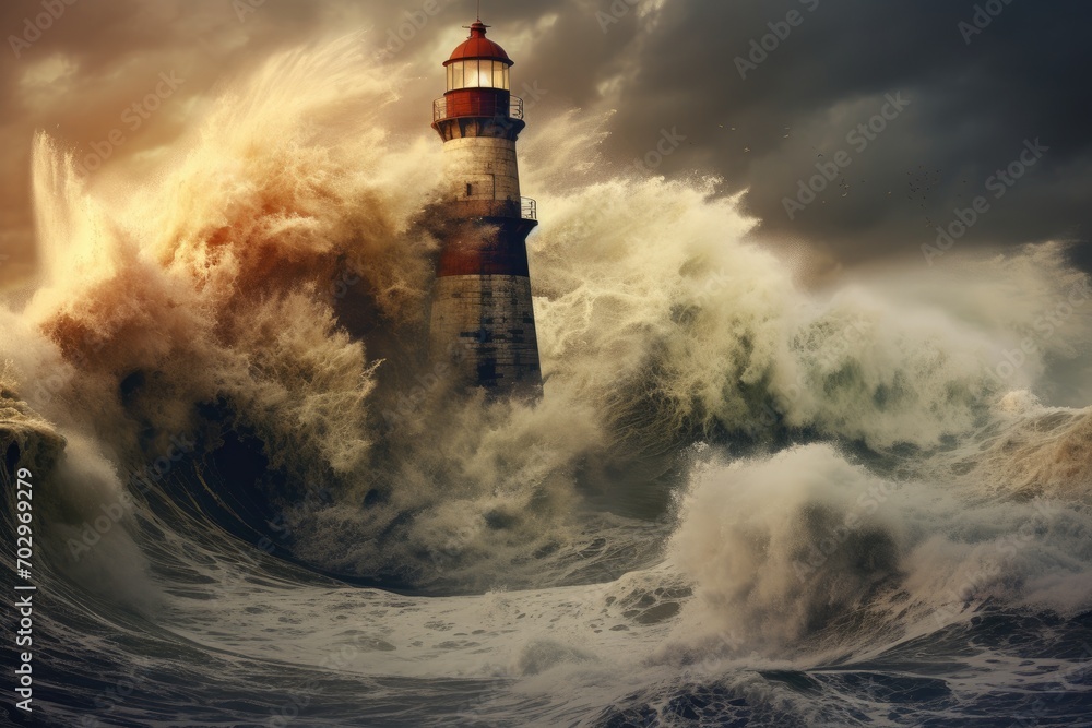 Stormy seascape with big waves and lighthouse. 3d rendering, Lighthouse hit by a massive wave, AI Generated