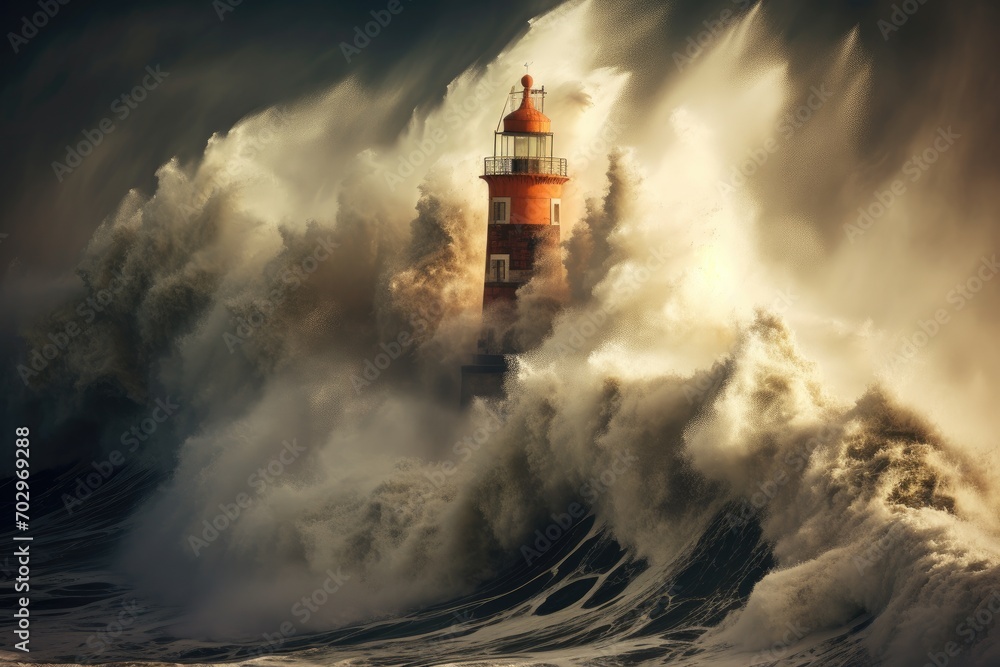 Lighthouse on the stormy ocean. 3d render illustration, Lighthouse hit by a massive wave, AI Generated