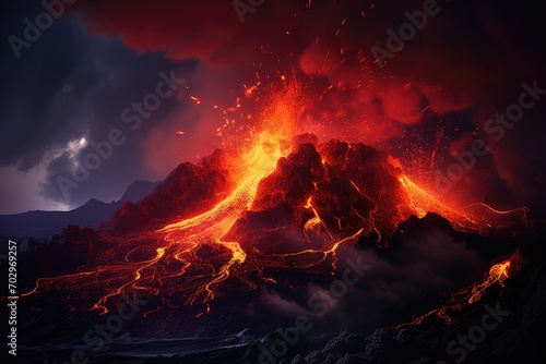 D render of volcano eruption at sunset, Lava spurting out of the crater and a reddish-illuminated smoke cloud, lava flows, an erupting volcano, AI Generated