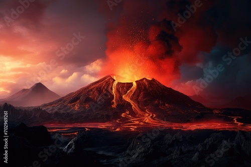 Volcanic eruption on Java island, Indonesia. 3D rendering, Lava spurting out of the crater and a reddish-illuminated smoke cloud, lava flows, an erupting volcano, AI Generated