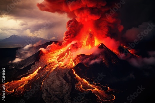 Volcanic eruption. 3d illustration. Fantasy nature background, Lava spurting out of the crater and a reddish-illuminated smoke cloud, lava flows, an erupting volcano, AI Generated
