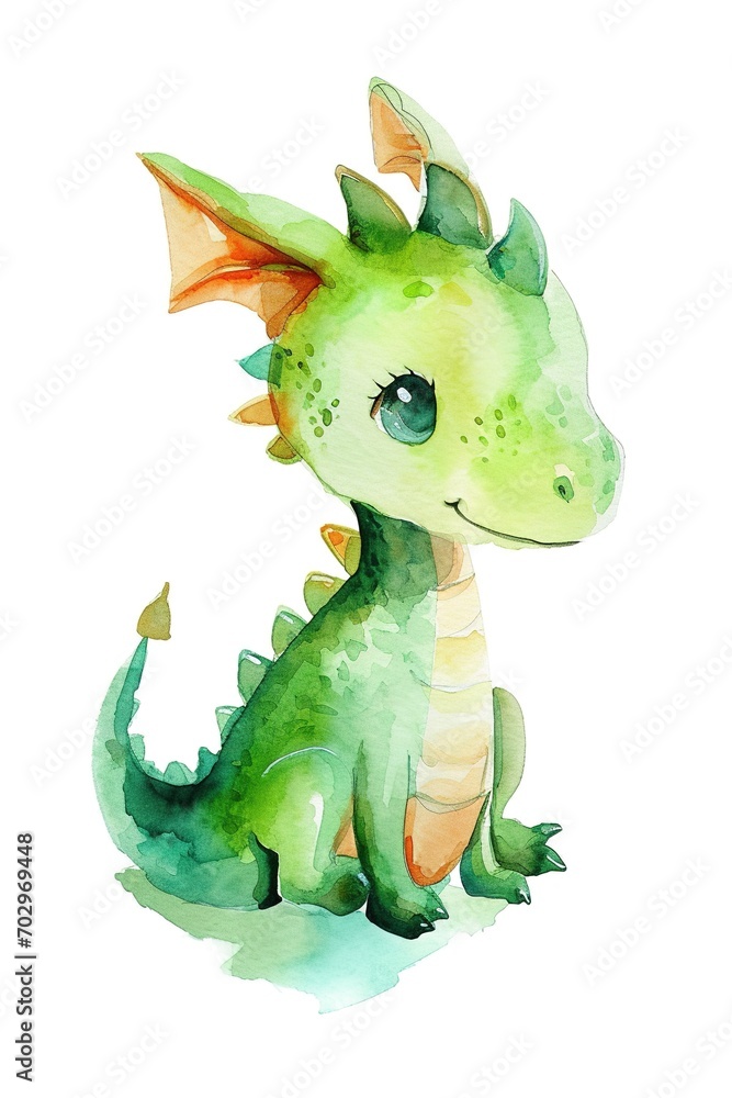 Fototapeta premium Generative AI, Super cute little dragon watercolor isolated on white background, symbol of Chinese 2024 New Year 