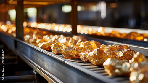 Gold Mining Excellence: Nuggets Gliding on Conveyor Belt in Action