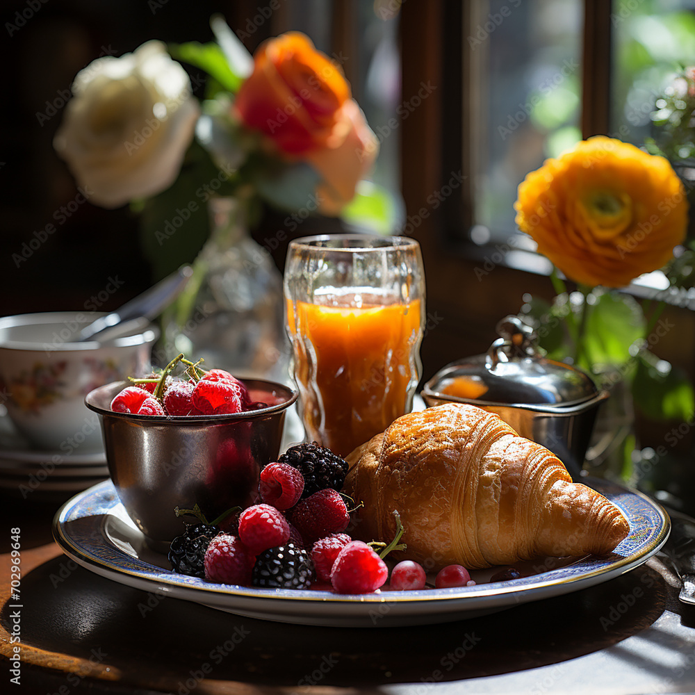 Croissant, berries, orange juice on a table in a cafe. Traditional French breakfast. Croissant, berries, orange juice on a table in a cafe. Traditional French breakfast.
