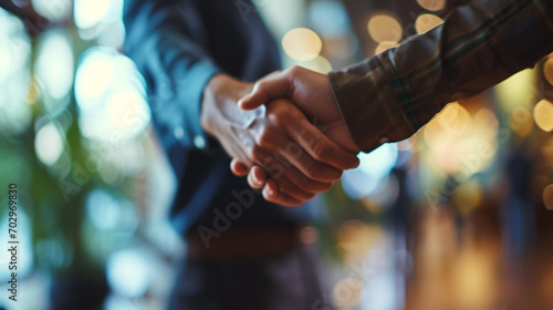 A manager personally thanking an employee with a handshake, Team, blurred background, with copy space photo