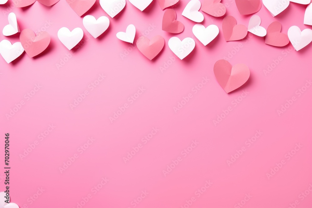 Valentine's day background with pink and white paper hearts on pink background, Love paper craft hearts arranged flatly on a pink Valentine's or anniversary background with copy space, AI Generated