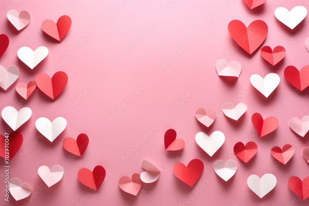 Valentine's day background with paper hearts on pink background, Love paper craft hearts arranged flatly on a pink Valentine's or anniversary background with copy space, AI Generated