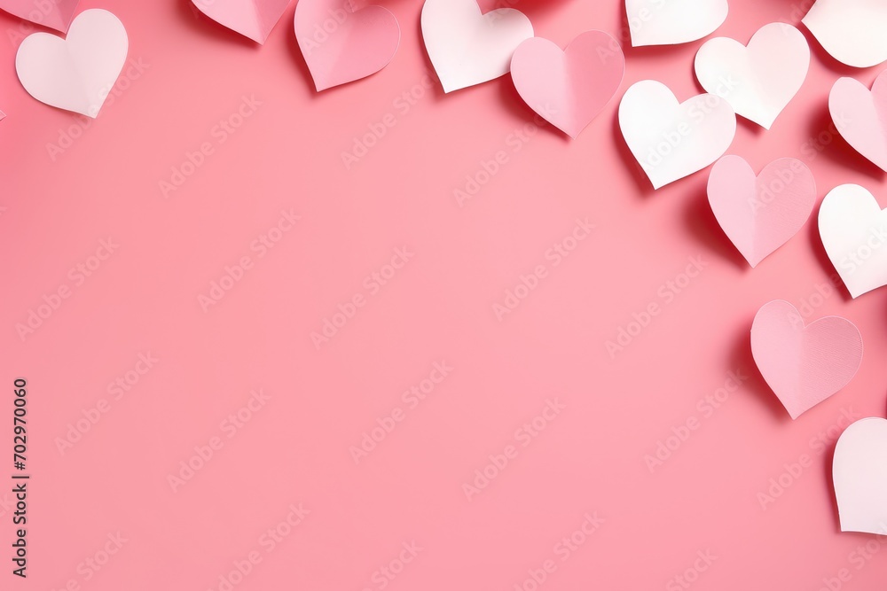 Valentine's day background with pink paper hearts on pink background, Love paper craft hearts arranged flatly on a pink Valentine's or anniversary background with copy space, AI Generated