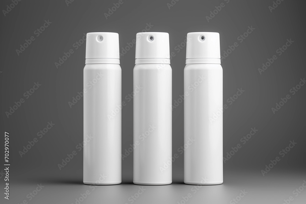 Mock up of three white aluminum deodorant or spray bottles on a grey background  - obrazy, fototapety, plakaty 