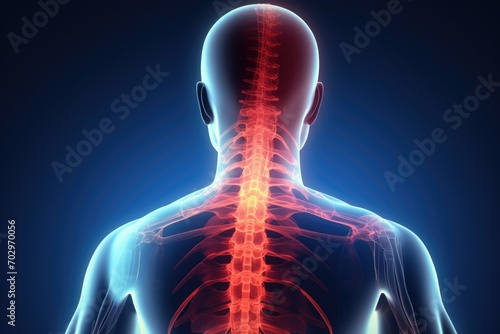 Human skeleton anatomy x-ray scan on dark blue background. Medical concept. 3D Rendering, Male experiencing hurt in the backbone vertebrae, 3D render, AI Generated