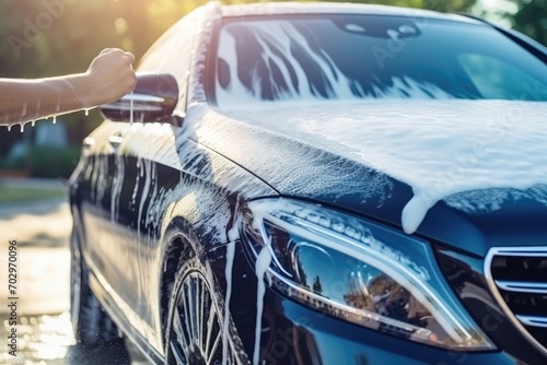 Car washing. Washing the car with soap and water in a car wash, Manual car wash with white soap and foam on the body, Washing car using high-pressure water, AI Generated © Ifti Digital