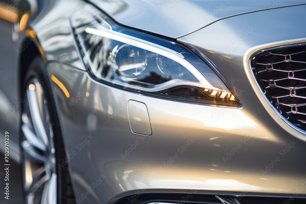Close up of the headlight of a modern luxury car. Selective focus, Modern silver car parked on the road, Close-up, Headlights detail, AI Generated
