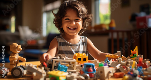 A young Indian toddler playing with wooden toys