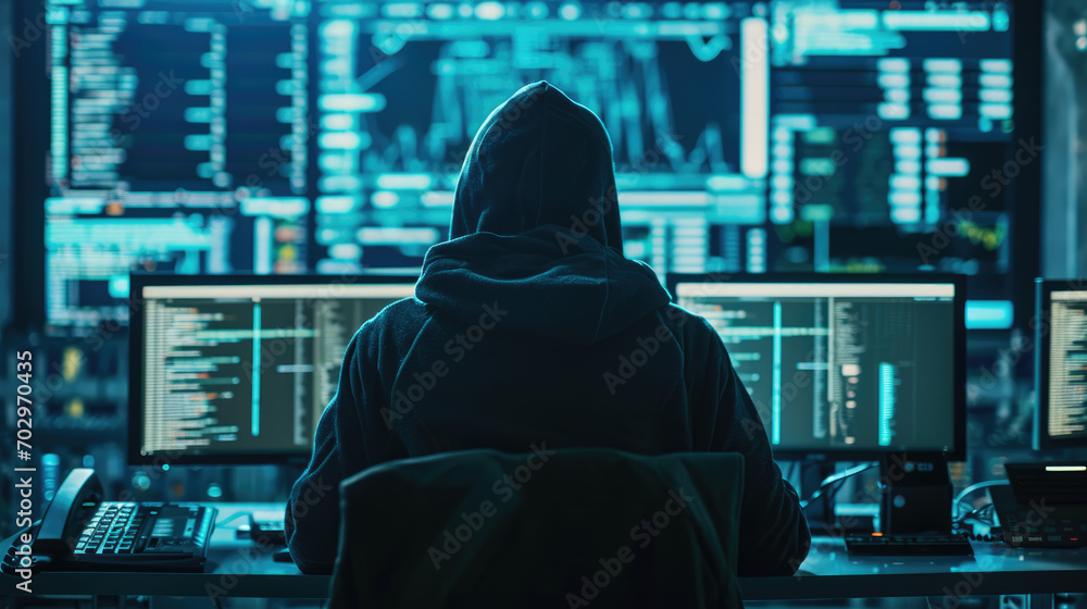 Individual in a hoodie sitting in front of multiple computer monitors displaying various data visualizations and global network map Individual in a hoodie sitting in front of multiple computer monitors displaying various data visualizations and global network map