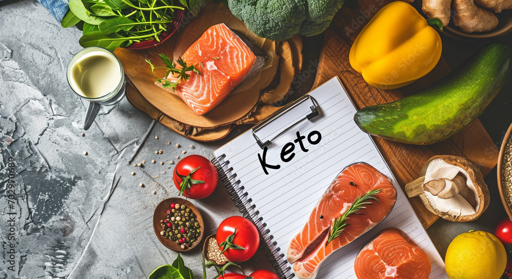 Keto diet set of food ingredients. notebook with the inscription keto - obrazy, fototapety, plakaty 