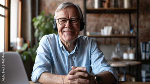 Cheerful elderly man wearing headphones and glasses, using a laptop