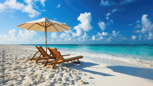 Beach chairs and umbrella on a white sandy beach. photo