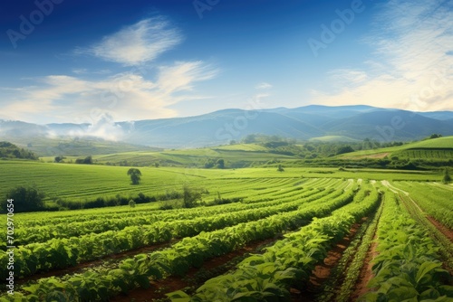 Landscape of green tea plantation in the mountains. Agricultural scene  Panoramic photo of a beautiful agricultural view with pepper and leek plantations  AI Generated